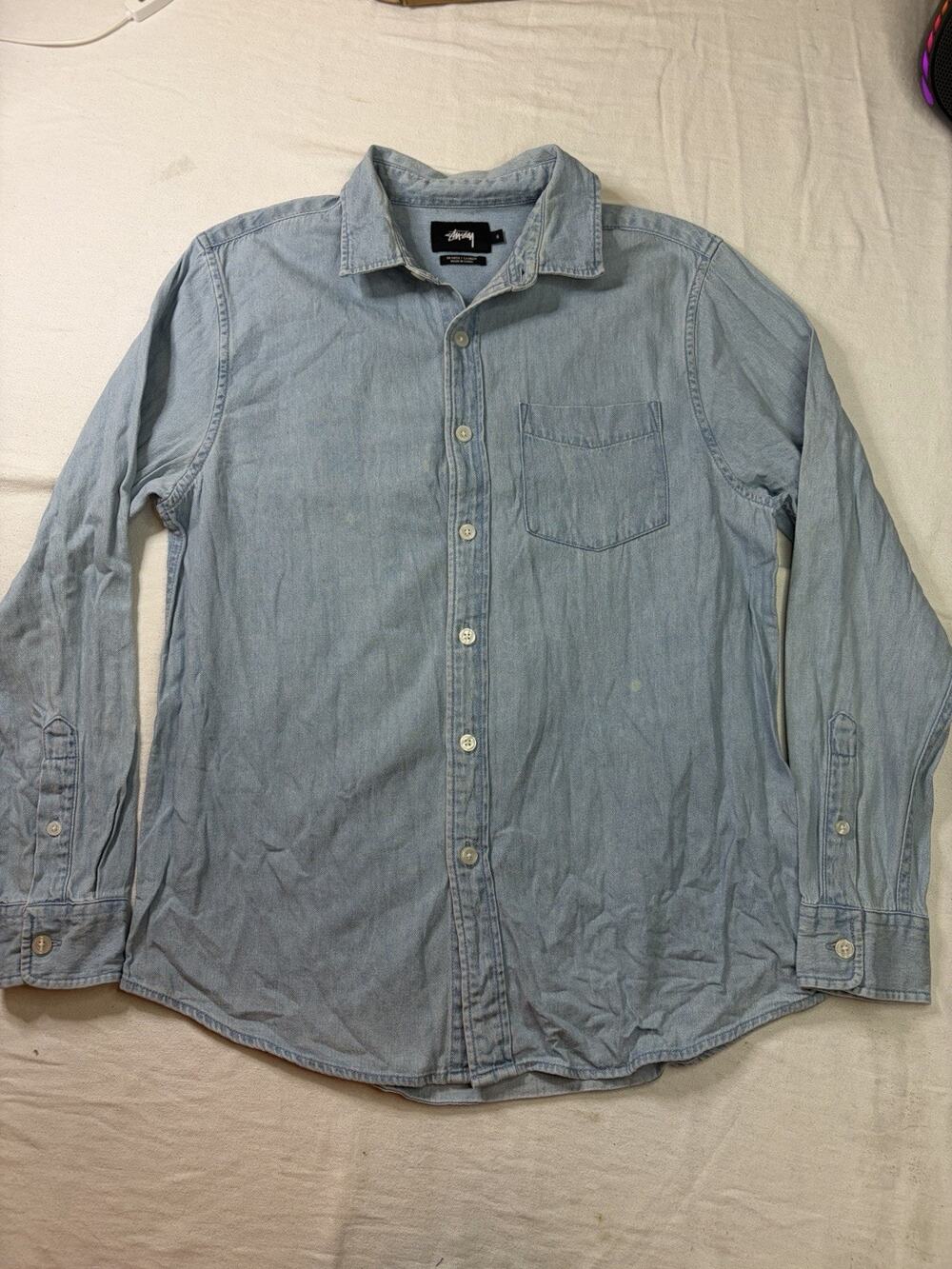 Stussy Shirt Men’s S Blue Chambray Denim Long Sleeve Button Up Skate Streetwear